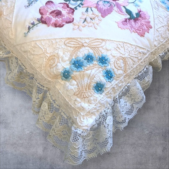 Embroidered Throw Pillow Vintage Cottagecore Floral Lace Pastel Feminine 12" - Picture 10 of 13